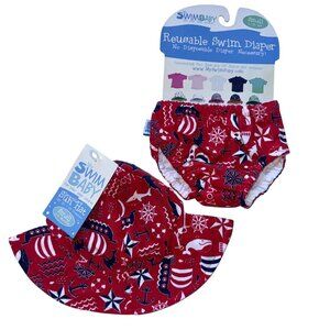 My Swim Baby Reusable Swim Diaper & Sun Hat Small Red Nautical Design UV 50+
